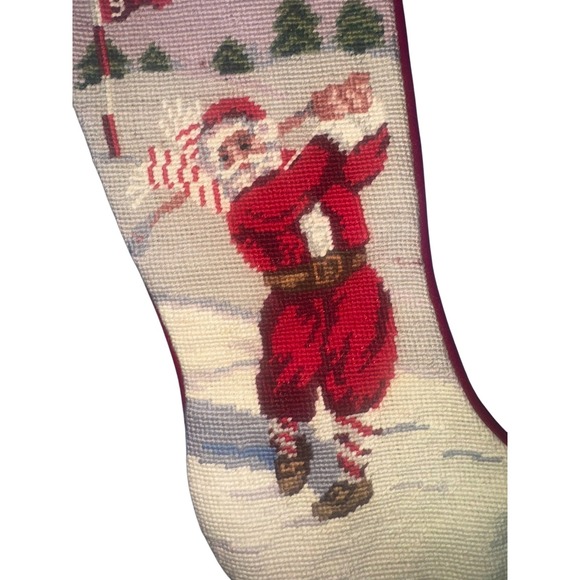 Needlepoint Christmas Stocking Santa Golfing Velvet Holiday Decor - Picture 1 of 4
